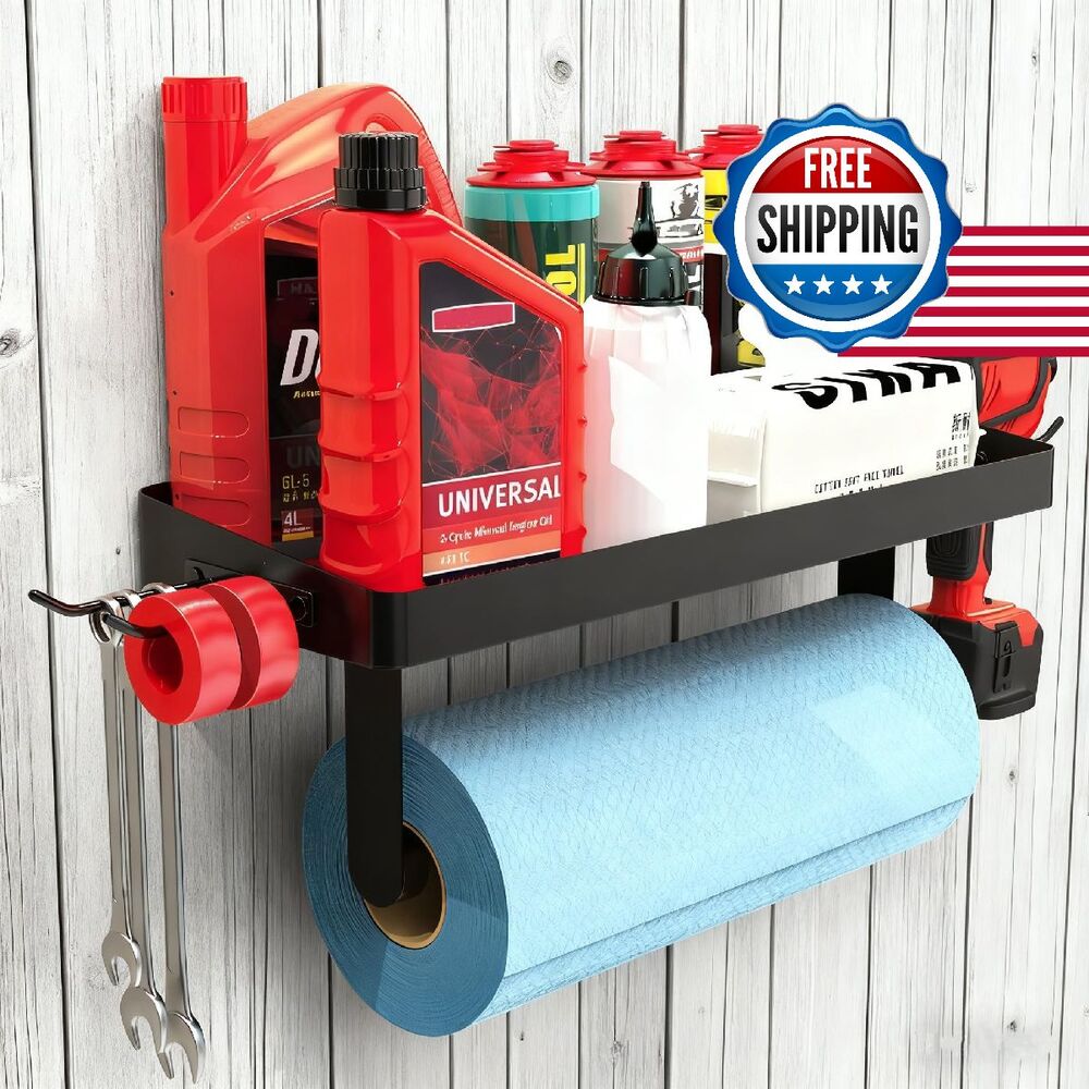 Garage Paper Towel Holder Shelf Wall-Mount Heavy Duty Tissue Rack 4 Hooks